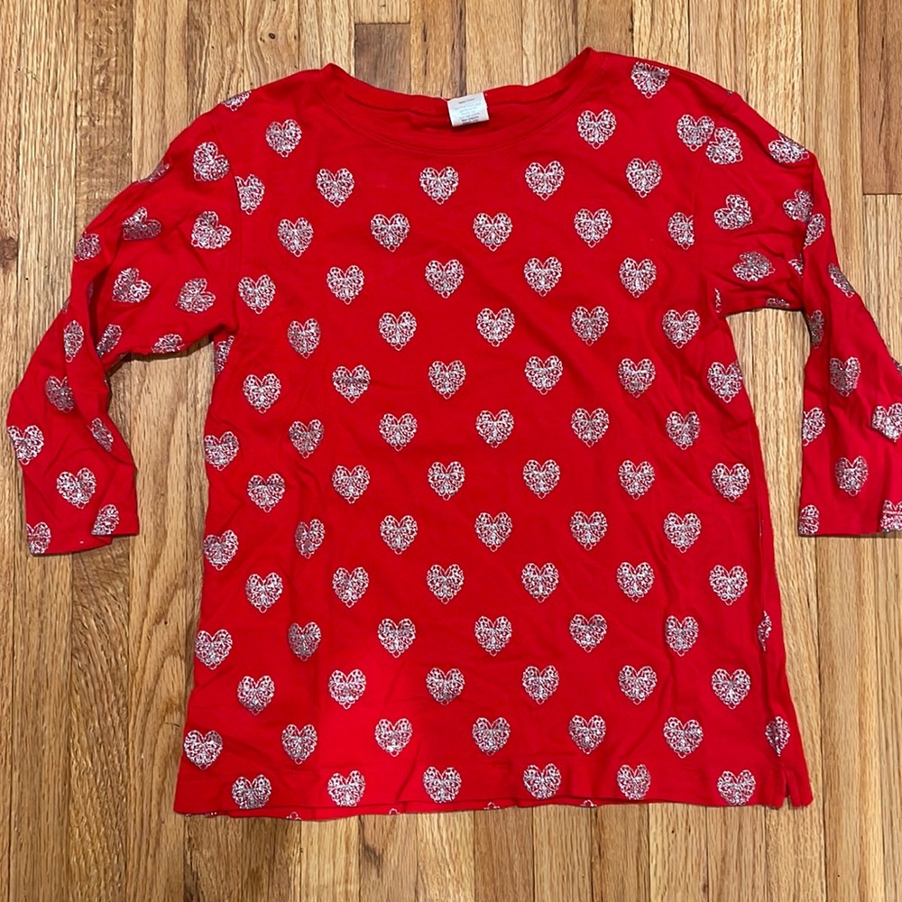 J CREW Red 3/4 Sleeve T-shirt with Silver Glitter Hearts